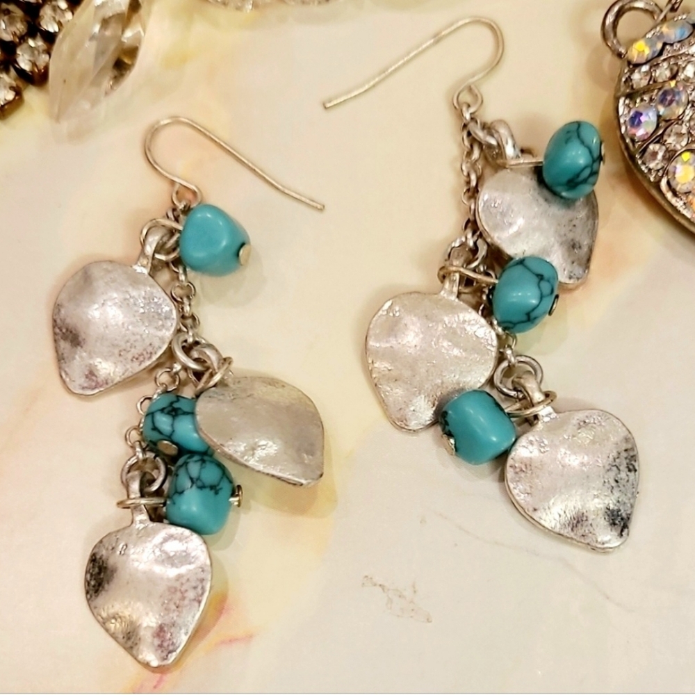 Hand Crafted Boho Silver Heart Turquoise Dangle Earrings